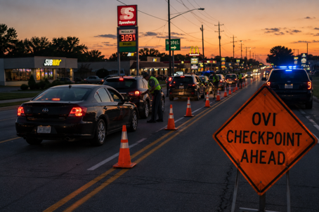 Cars stopped at Ohio OVI checkpoint at dusk